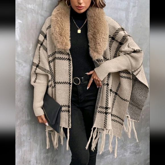 Comfy Faux Vegan Fur Plaid Fringe Cuff Sleeve Shawl Sweater Cardigan - Picture 4 of 12